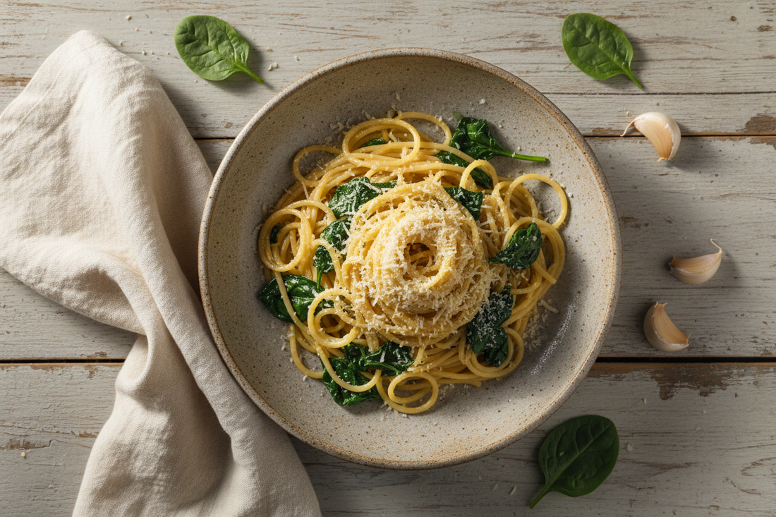 Overhead view of garlic butter pasta with fresh spinach on a ceramic plate, garnished with Parmesan cheese