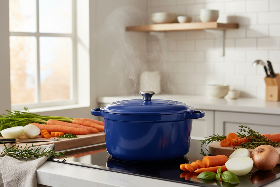 Premium enameled cast iron Dutch oven on stovetop with fresh vegetables, carrots, onions, and herbs