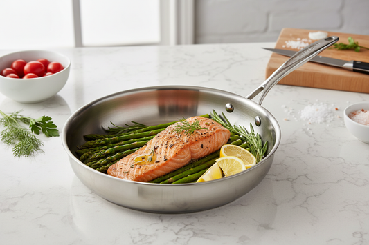 Premium stainless steel skillet with seared salmon, fresh asparagus, lemon, and herbs on kitchen counter