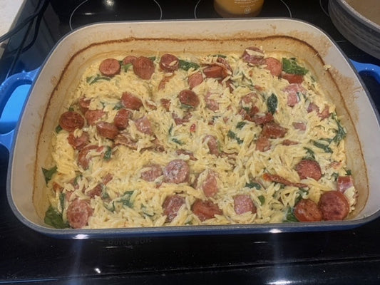 Spinach, Sundried Tomato & Boursin Orzo Bake