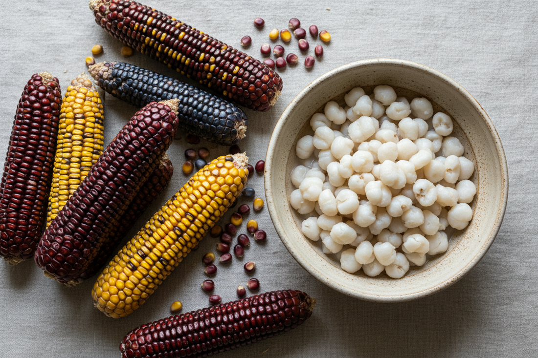 Close-up of colorful dried heirloom corn kernels next to a bowl of soft white hominy showing the transformation through nixtamalization