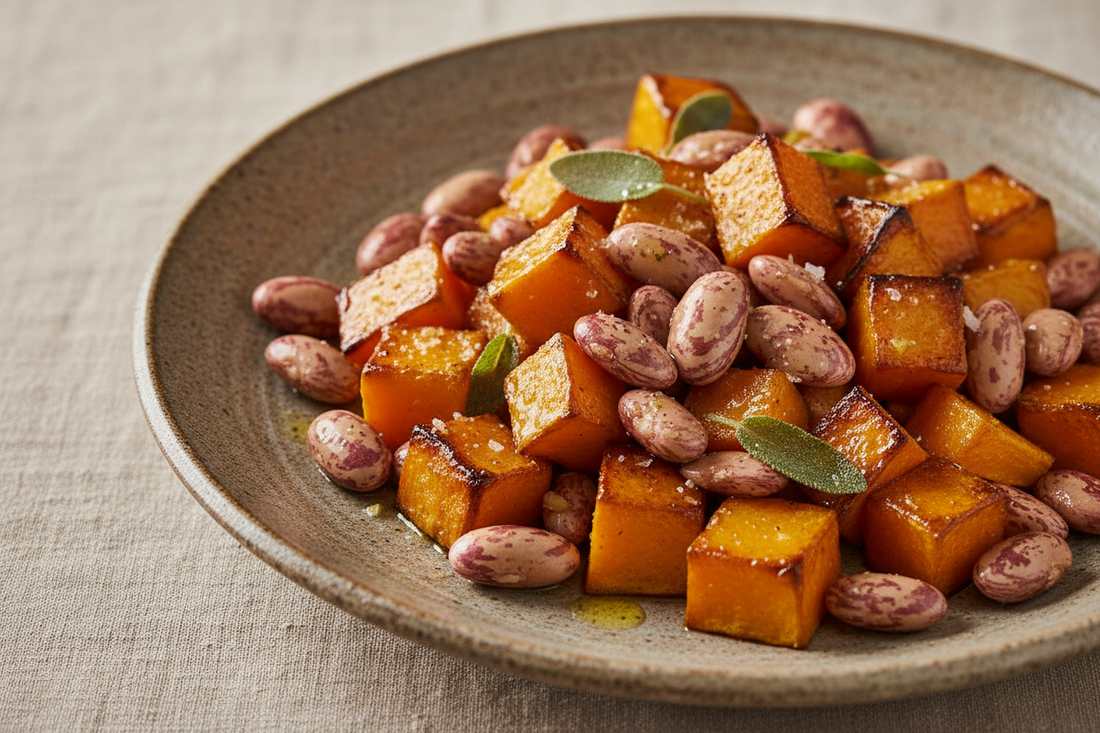 Roasted butternut squash and cranberry bean salad with fresh arugula, thinly sliced red onions, and roasted squash seeds on a rustic plate