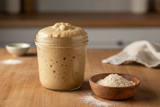 A glass jar of active einkorn sourdough starter at peak rise, bubbling and domed, with a rubber band marking the level and a small bowl of einkorn flour alongside