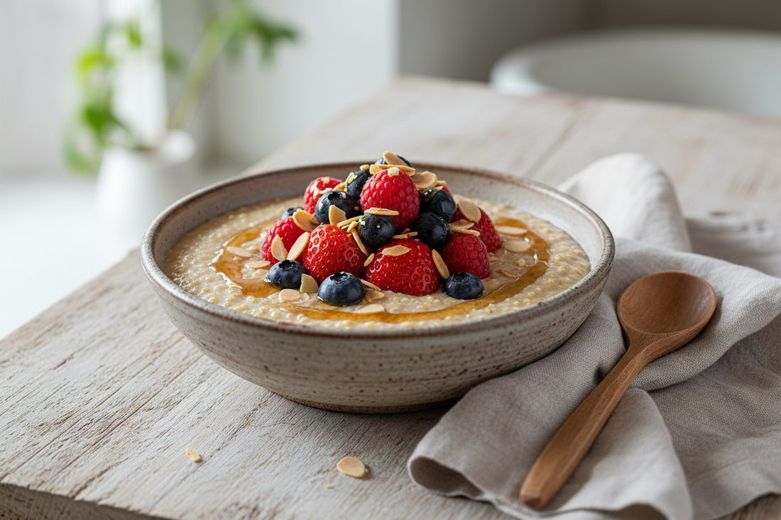 Creamy amaranth breakfast porridge in a rustic ceramic bowl topped with fresh mixed berries, sliced almonds, and maple syrup