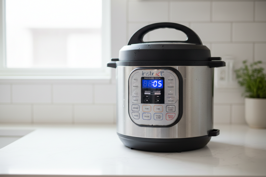 Instant Pot electric pressure cooker with dried beans, corn, and whole grains ready for ancestral cooking