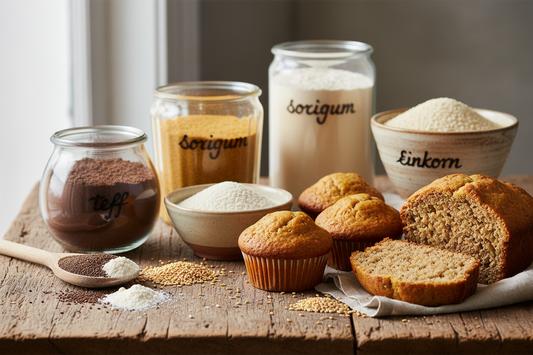 Ancient grain flours including teff, sorghum, millet, and einkorn in glass jars alongside freshly baked muffins on a rustic wooden surface with natural lighting