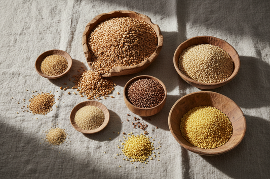 Ancient grains including teff, sorghum, millet, fonio, amaranth, and einkorn displayed in rustic wooden bowls on natural linen - editorial food photography showcasing traditional whole grains