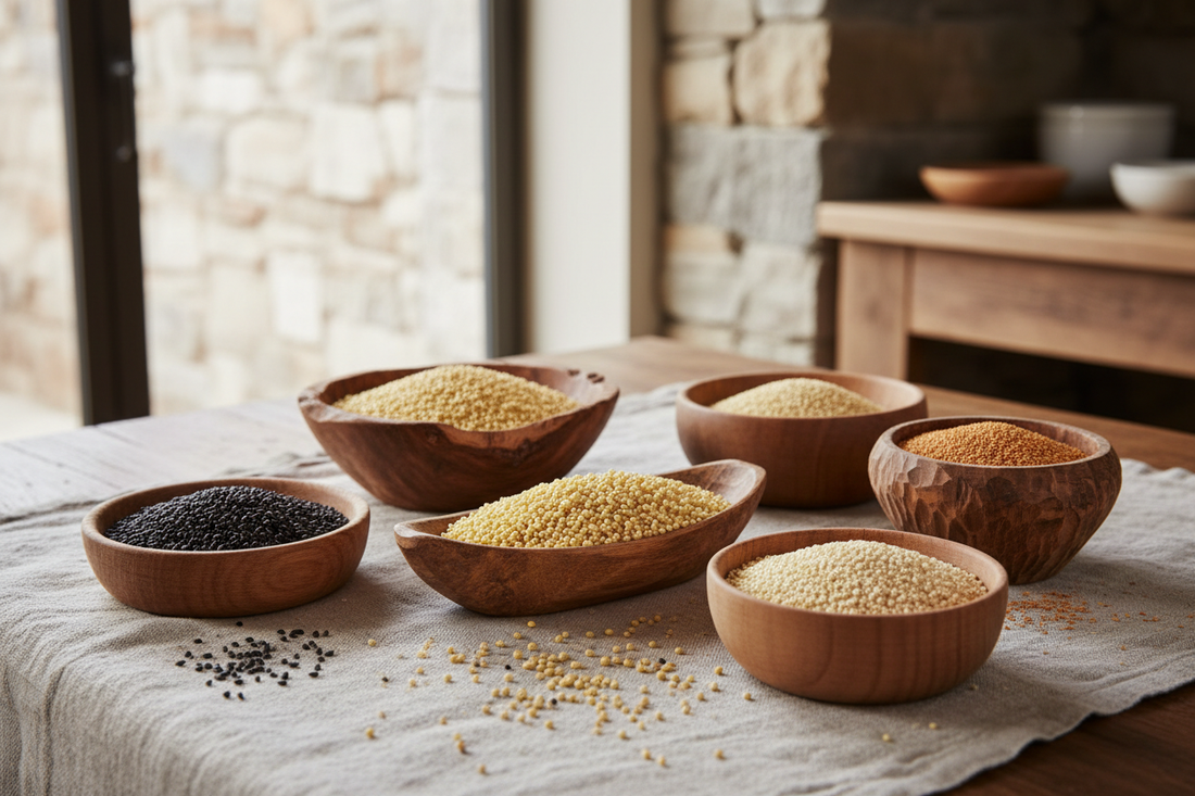 Assorted ancient grains including teff, sorghum, millet, fonio, and amaranth displayed in wooden bowls on natural linen with soft natural lighting