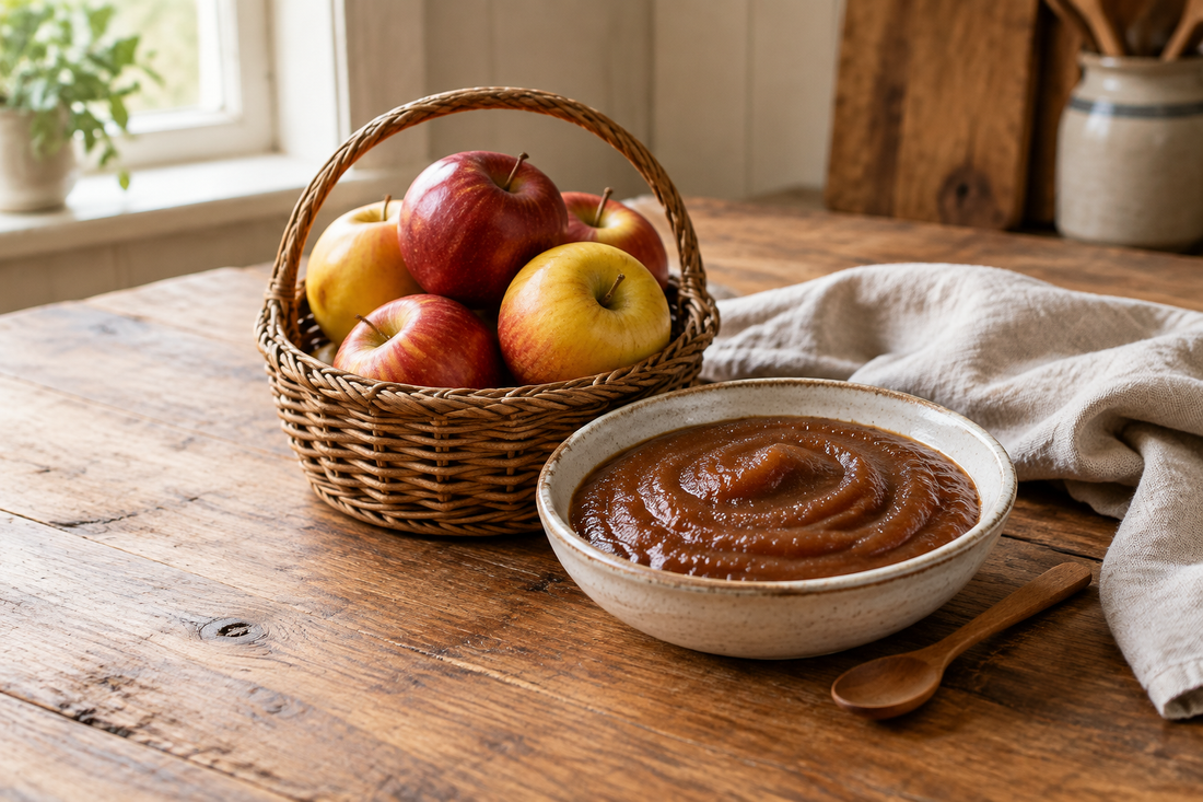 A small wicker basket of red and golden apples beside a ceramic bowl of apple butter on a rustic wooden table.