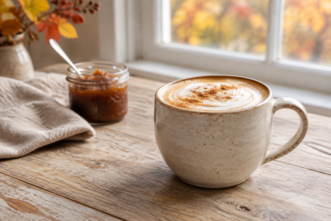 Apple butter latte with cinnamon-dusted foam in a ceramic mug, beside a jar of apple butter on a wooden table.