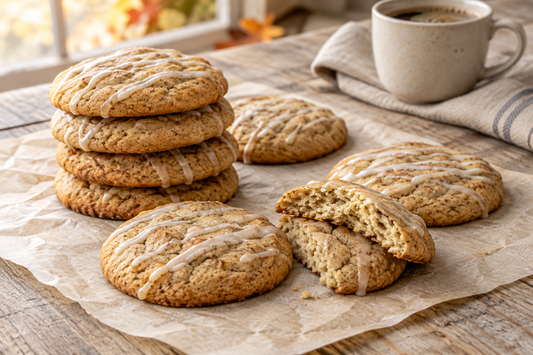 Apple cider spice cookies with a thin glaze on parchment, including one broken open to show its soft centre.