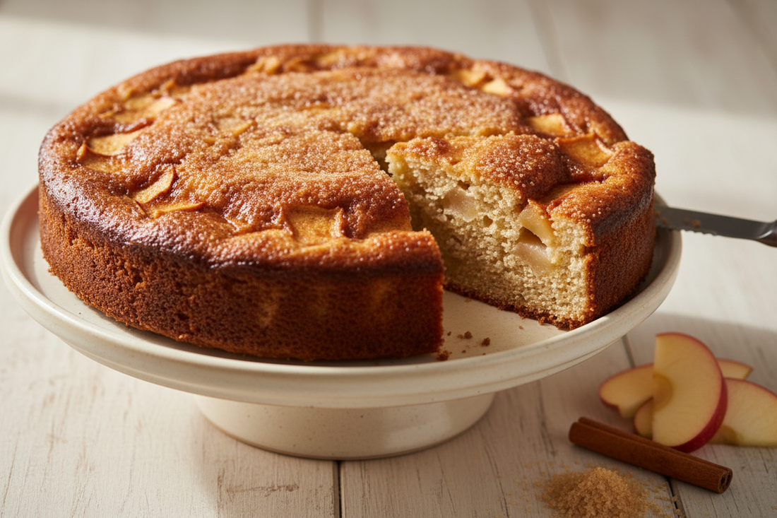 cake on a ceramic stand with a deep golden cinnamon sugar crust, one slice pulled away to reveal the tender apple crumb inside, with a cinnamon stick and a few apple slices alongside — warm side light, minimal styling.