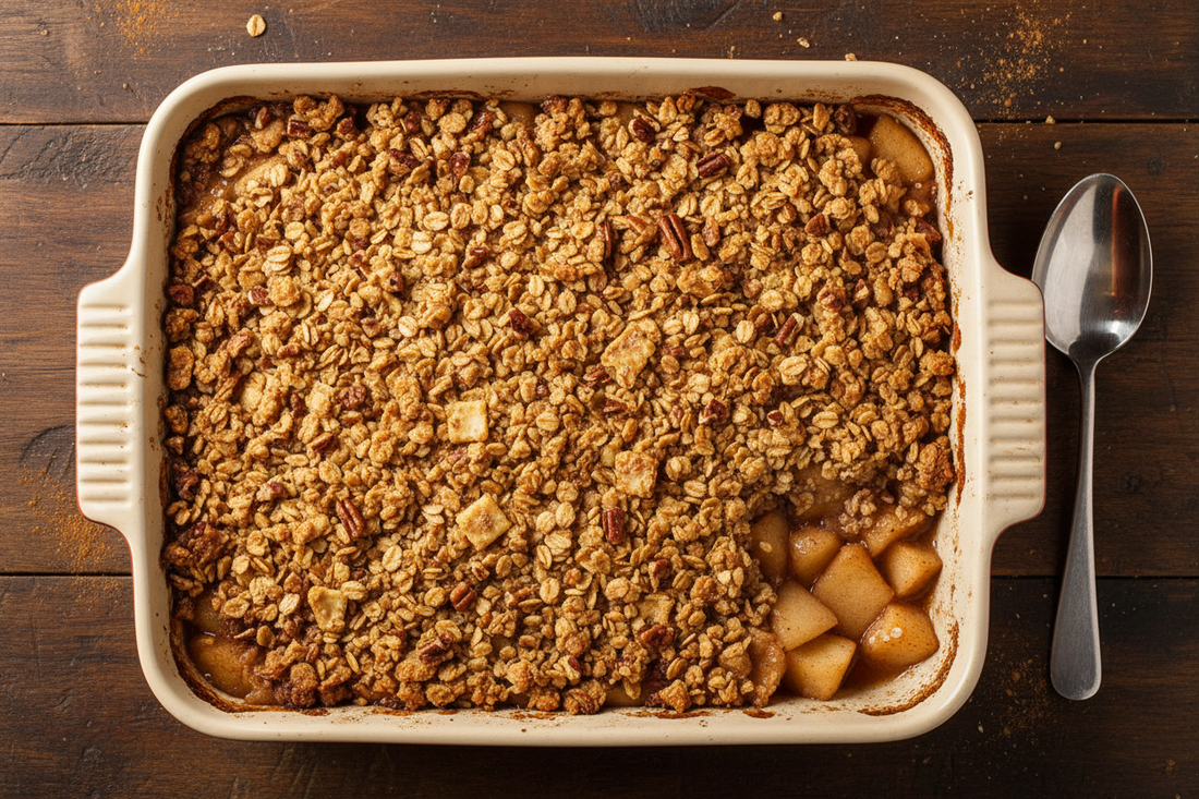 Overhead view of golden-brown apple crisp in a 9x13-inch baking dish with bubbling spiced apples and buttery oat crumble topping, ready to serve