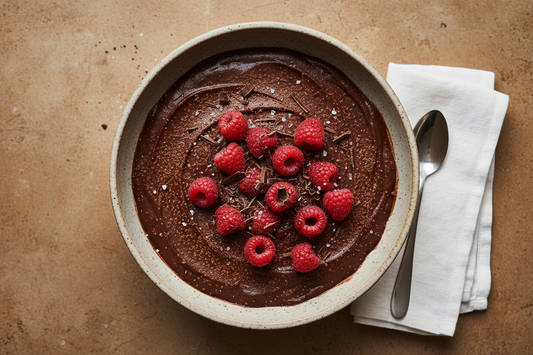 verhead shot of aquafaba chocolate mousse in a wide ceramic bowl with cocoa powder dusting, fresh raspberries, flaky sea salt, and shaved dark chocolate on a warm stone surface
