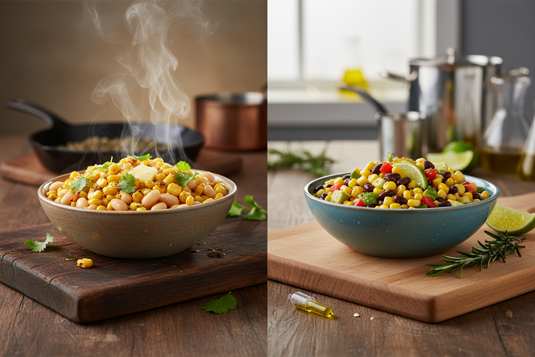 Before and after diagram showing starch molecules transforming from loose when hot to tightly packed resistant starch when cooled