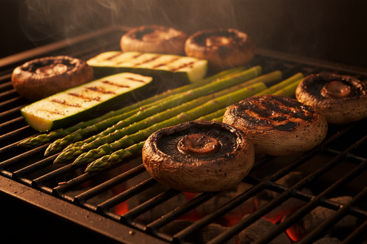 Zucchini, asparagus, and portobello mushrooms on a hot grill grate with deep char marks and rising smoke