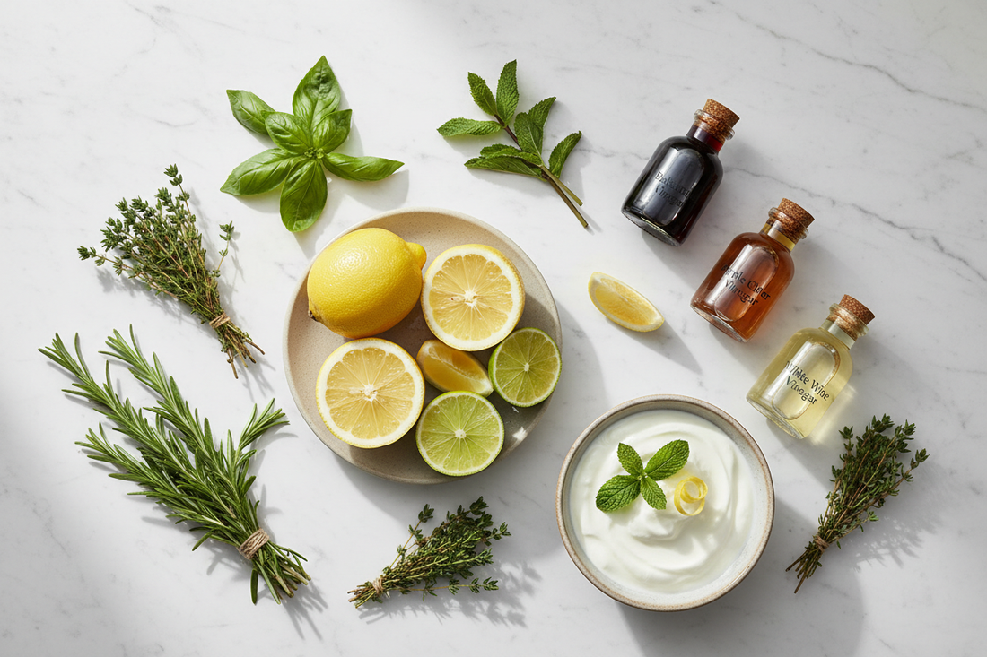 Variety of cooking acids including fresh lemons, limes, vinegar bottles, and yoghurt arranged on a white marble surface