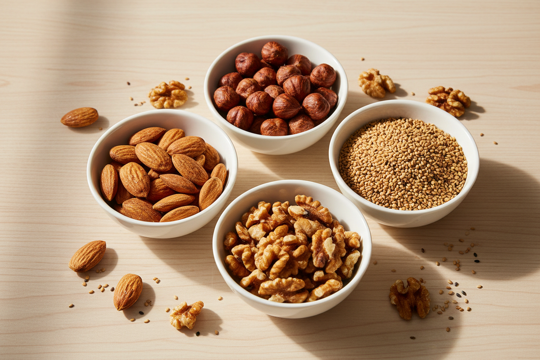 Perfectly toasted nuts and seeds including golden almonds, hazelnuts, walnuts, and sesame seeds arranged in white ceramic bowls