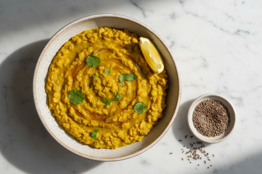 A deep ceramic bowl of golden Ayurvedic kitchari — mung dal and basmati rice cooked with turmeric, cumin, and ghee into a thick, flowing porridge — one of Ayurveda's most restorative and digestively gentle dishes.