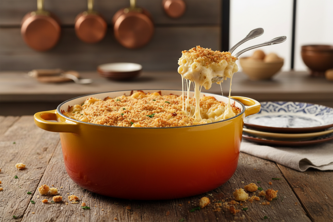 Creamy baked mac and cheese in Dutch oven with golden breadcrumb topping and bubbling cheese sauce