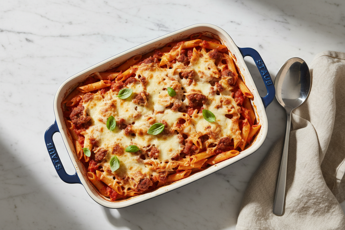Baked penne with Italian sausage in ceramic baking dish with bubbling golden mozzarella, rich marinara sauce, and fresh basil garnish
