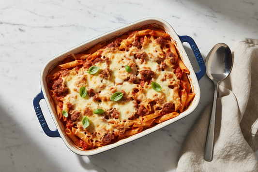 Baked penne with Italian sausage in ceramic baking dish with bubbling golden mozzarella, rich marinara sauce, and fresh basil garnish