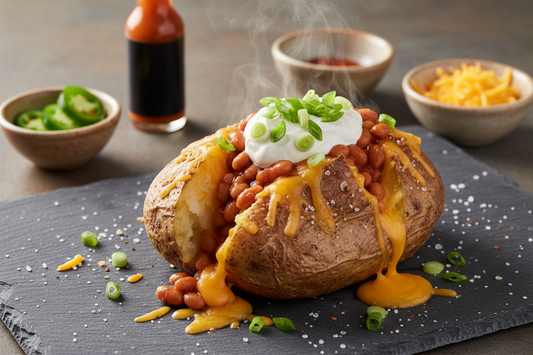 A loaded baked potato with crisp salted skin, melted cheddar, baked beans, sour cream, and green onions on a dark slate surface, with small bowls of toppings in the background