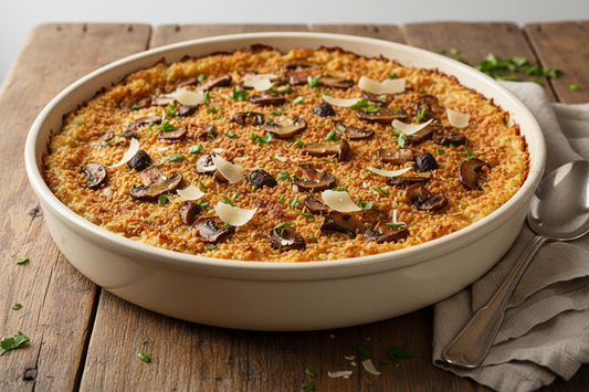 Baked risotto with mushrooms and Parmesan in a 3-quart round ceramic bowl with golden crispy top layer"