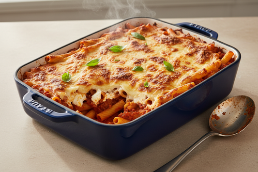 Golden bubbly baked ziti with melted mozzarella and Parmesan in a ceramic rectangular baking dish, showing layers of pasta, rich meat sauce, and creamy ricotta, garnished with fresh basil