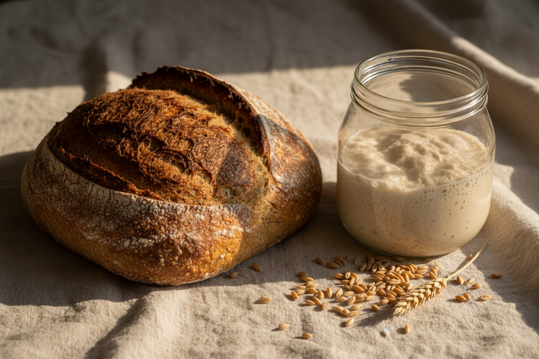 A rustic einkorn sourdough loaf on a linen cloth beside a glass jar of bubbly active starter, with scattered einkorn wheat grains and warm natural light