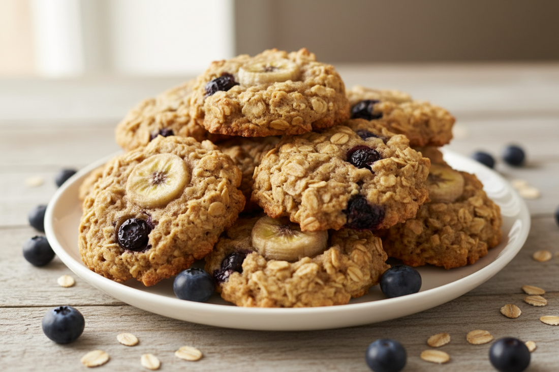Plate of banana blueberry oatmeal breakfast cookies