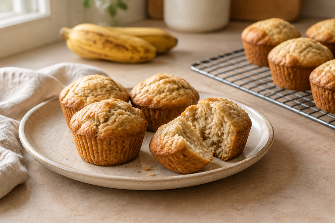 Homemade banana muffins with lightly golden tops, one broken open to reveal the soft banana crumb.