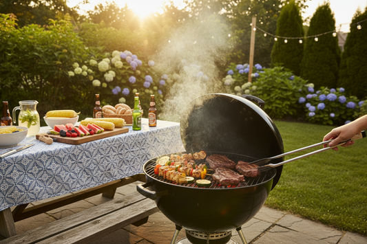Backyard charcoal grill at golden hour with a full spread of meats and veg