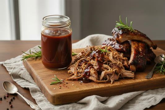 A plain glass mason jar of homemade BBQ sauce beside a plated meat dish, styled on a wooden surface with linen textile and natural light