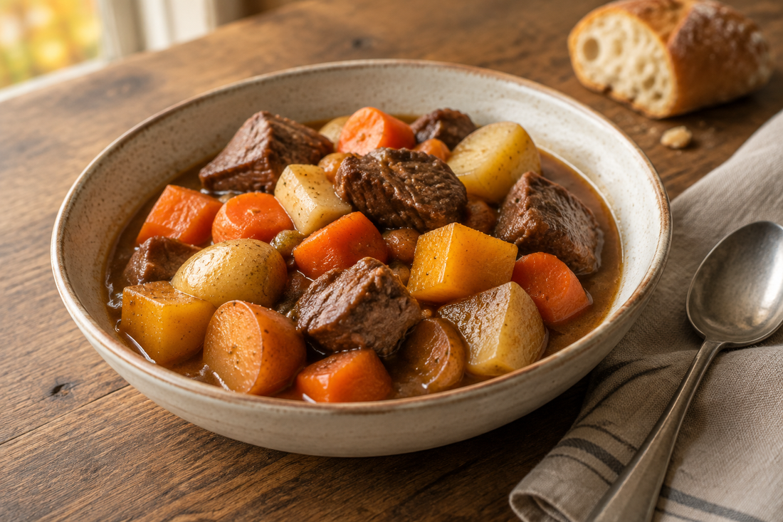 Slow cooker beef stew with carrots, parsnips, rutabaga and potatoes in a rustic ceramic bowl.