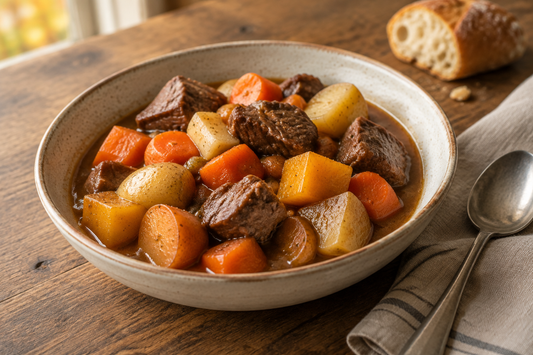 Slow cooker beef stew with carrots, parsnips, rutabaga and potatoes in a rustic ceramic bowl.