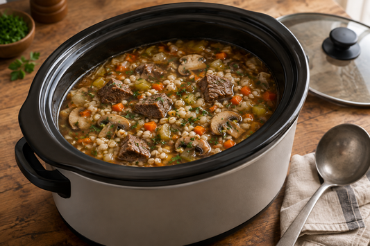 Beef barley soup with carrots, celery, mushrooms and parsley in an open slow cooker.