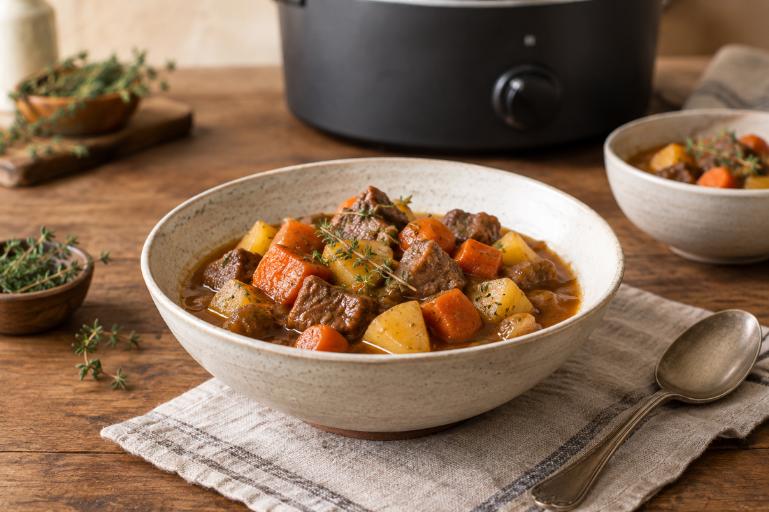 Bowl of beef stew with carrots, potatoes and thyme, with a slow cooker in the background