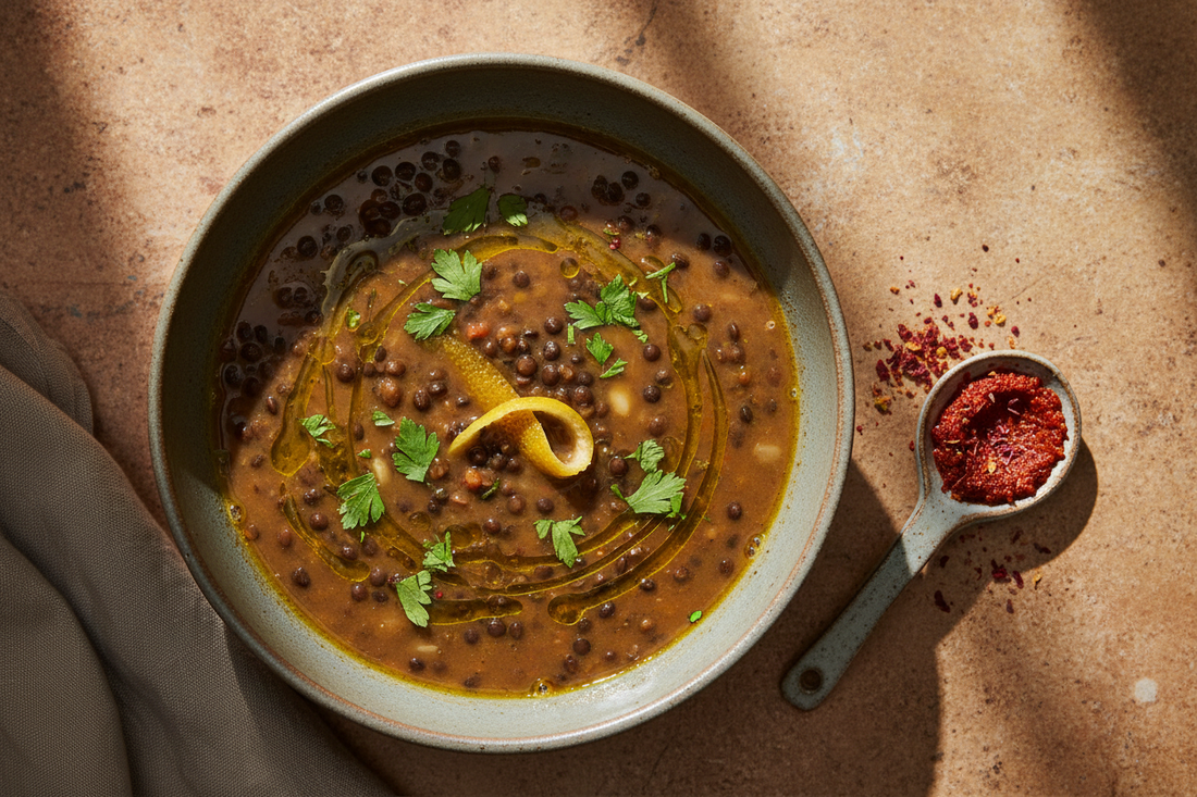 Overhead shot of the soup in a deep bowl — jet black lentils in rich amber broth, olive oil drizzle, flat-leaf parsley, a sliver of preserved lemon rind, and rose harissa alongside on a warm stone surface.