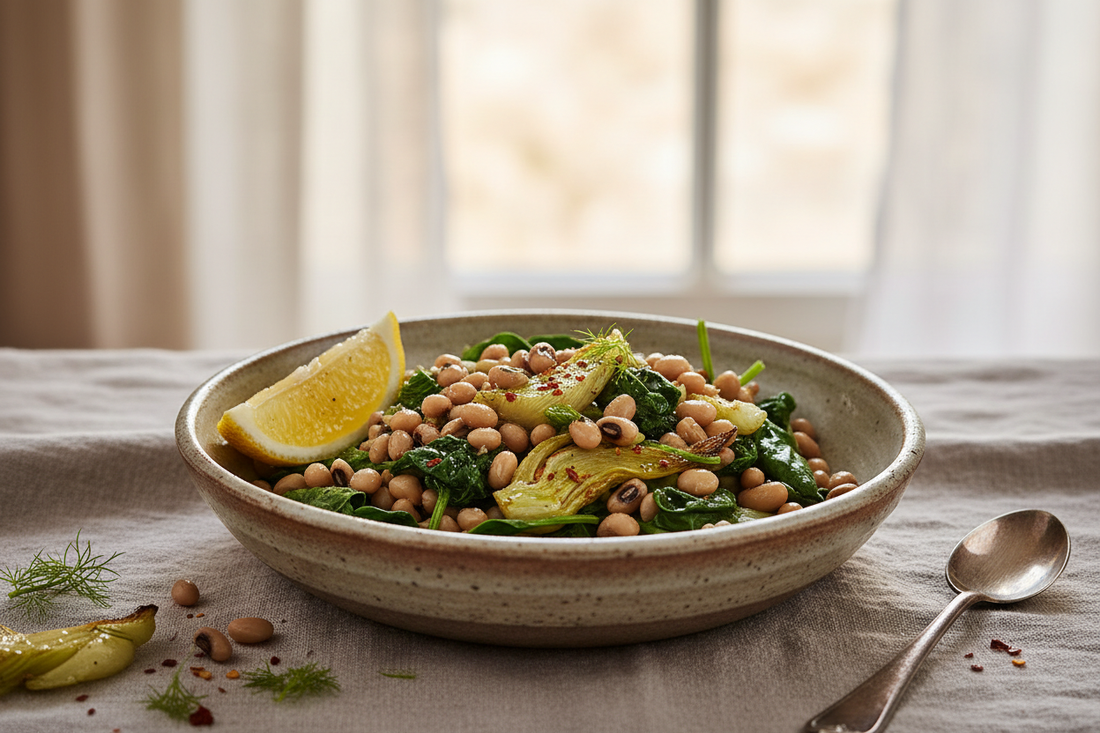Black-eyed peas with fennel and spinach in a rustic ceramic bowl, garnished with lemon and olive oil on a linen tablecloth