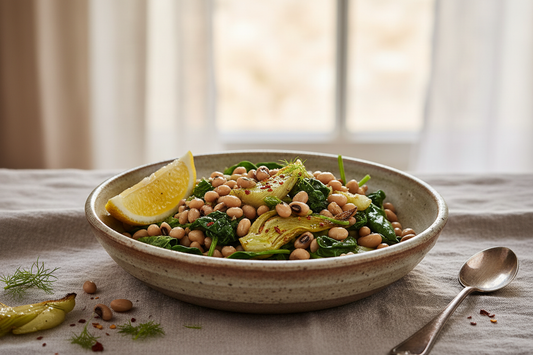 Black-eyed peas with fennel and spinach in a rustic ceramic bowl, garnished with lemon and olive oil on a linen tablecloth