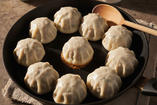Overhead shot of blanket dumplings cooking in a skillet, each meatball draped with a single round dumpling wrapper pressed down at the edges, some wrappers translucent from steaming, golden bottoms just visible.
