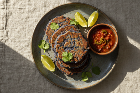 Overhead view of blue corn and black bean breakfast cakes on a rustic ceramic plate, showing deep blue-purple cakes with golden char marks, garnished