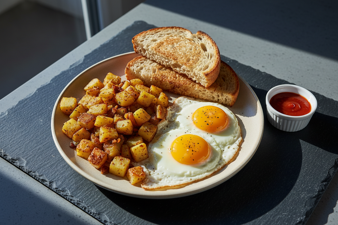 A breakfast-for-dinner plate with crispy golden potatoes, two fried eggs with runny yolks, and toasted sourdough, with a small ramekin of hot sauce, on a dark slate surface
