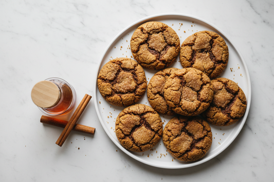 Overhead editorial shot: crackled sugar-topped cookies on white ceramic, maple syrup jar and cinnamon stick alongside, white marble surface with soft natural light