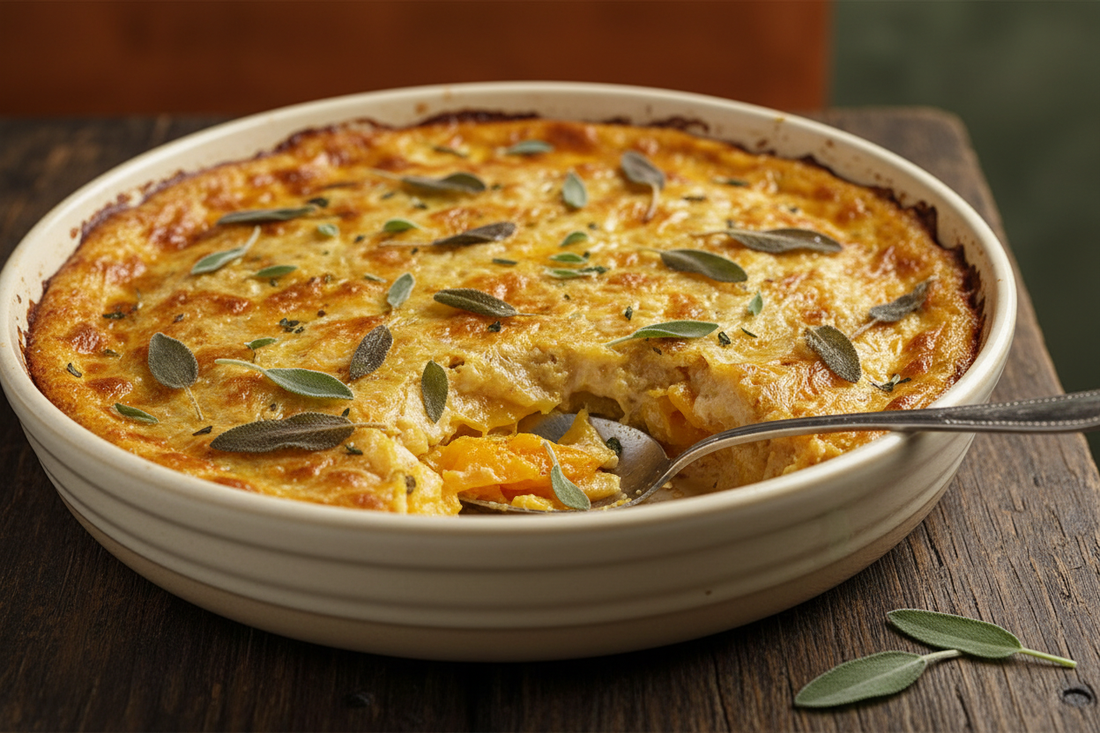 Butternut squash and sage gratin in a 3-quart round ceramic bowl with golden-brown layers and crispy sage leaves