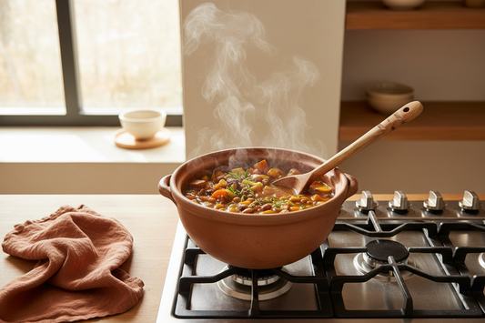 Serene one-pot meal simmering on stovetop with steam rising in a calm kitchen
