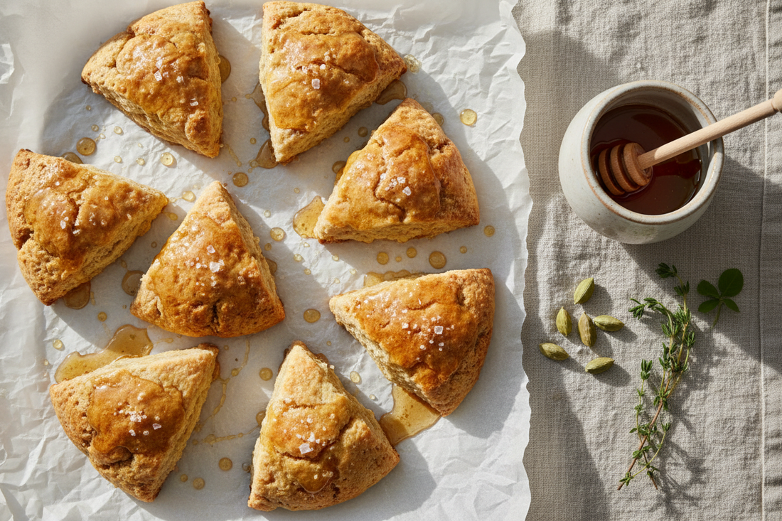 Turn dough onto a lightly floured surface and gently pat into a 3/4-inch thick round. Cut into 8 wedges.