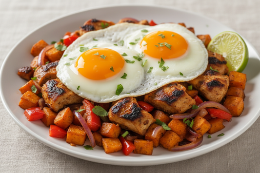 Caribbean breakfast hash with sweet potatoes, peppers, chicken, and fried eggs, garnished with cilantro