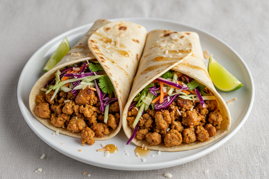 Caribbean pork wraps filled with spiced ground pork and lime slaw